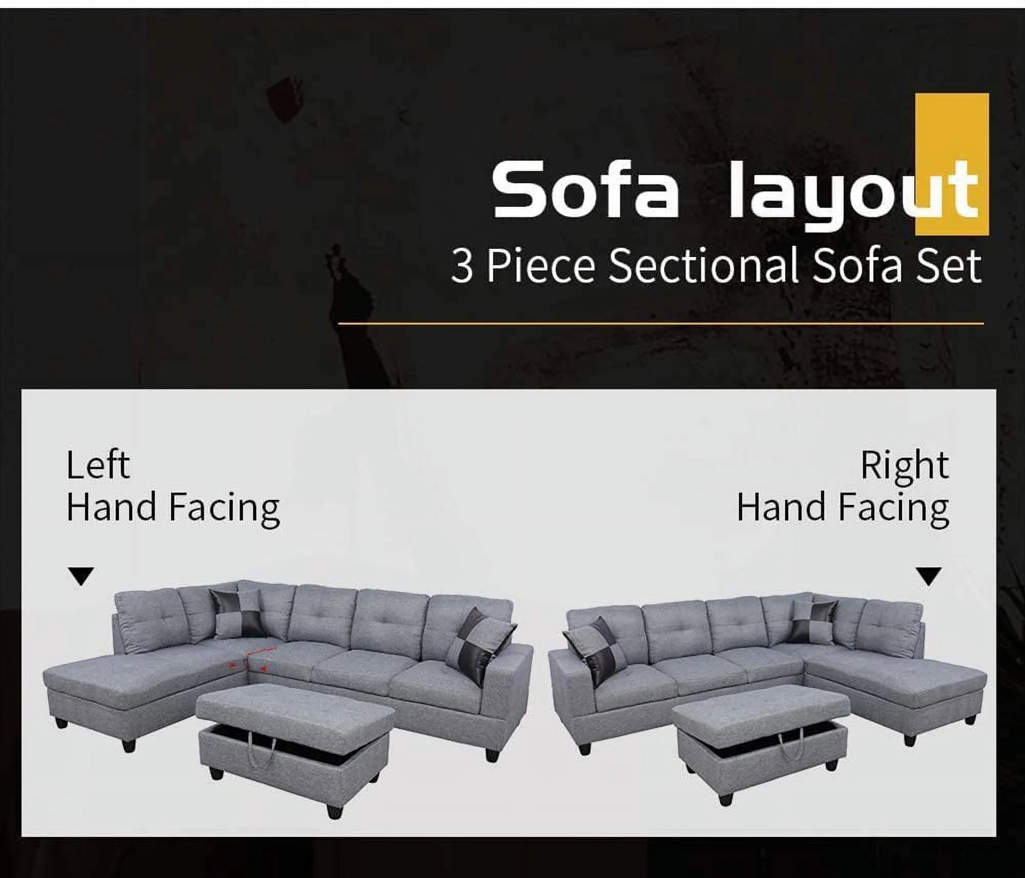 PonLiving 3-PCPiece Sectional Sofa Couch Set, L-Shaped Modern Sofa with Chaise Storage Ottoman and Pillows for Living Room Furniture