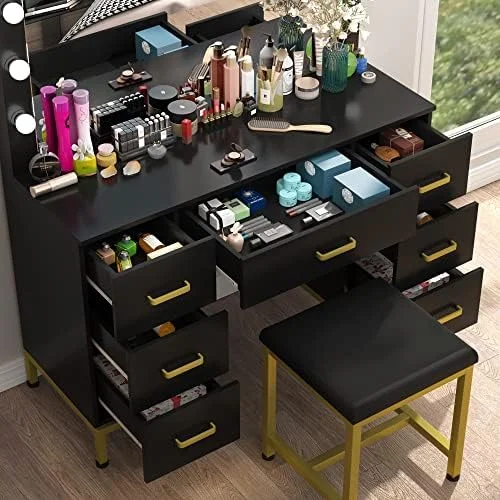 RUNFAYBIU Vanity Set with Lighted Mirror  44''  Vanity Dressing Table with 14PCS LED Bulbs  Vanity Desk with Cushioned Stool &amp