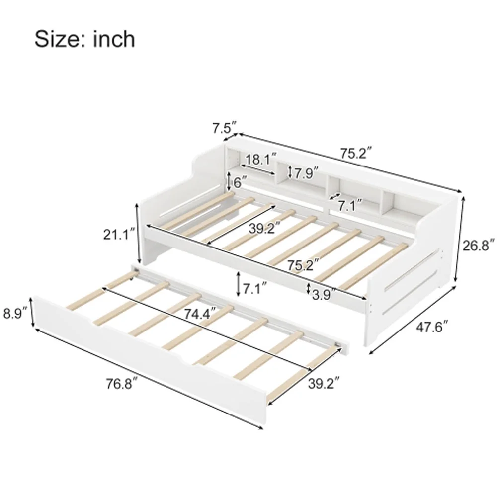 Twin Size Wooden Day Bed with Trundle for Guest Room, Small Bedroom, Study Room, White