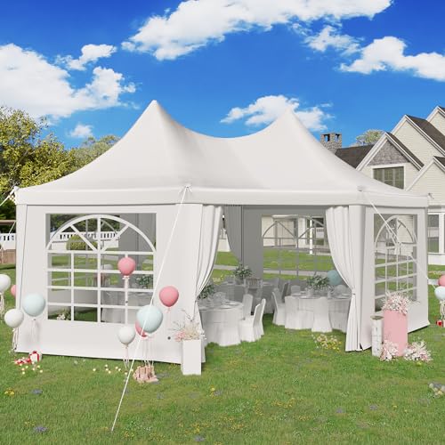 EROMMY 26x19ft Party Tent, White Wedding Tent, Decagonal Heavy Duty Canopy with 8 Removable Sidewalls, 8 Church Windows and 2 Pull-Back Doors