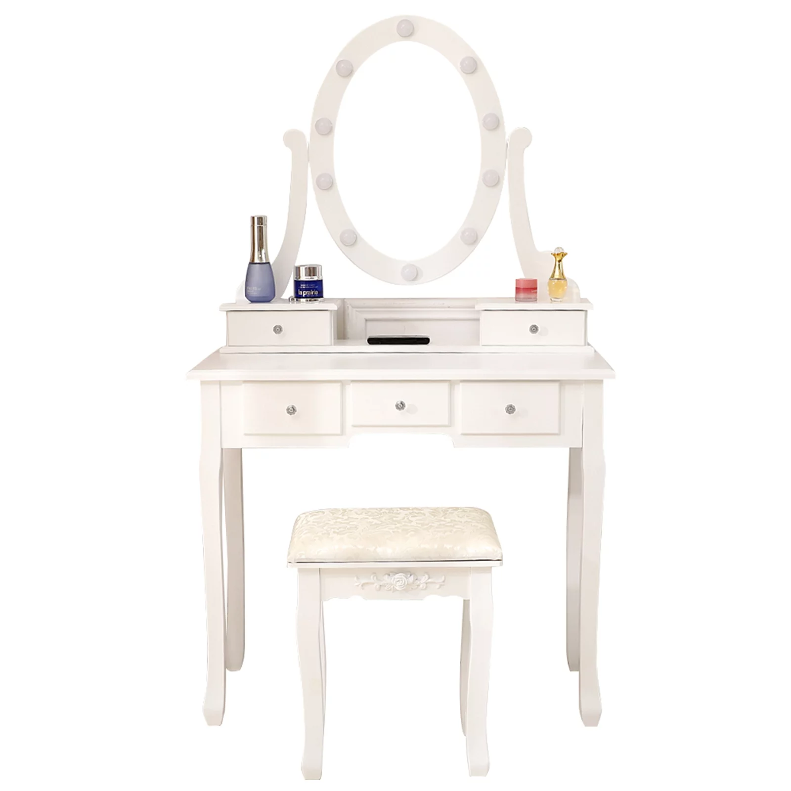 Smuxee Modern Vanity Table Set with Lighted Mirror,Makeup Vanity with 5 Drawers and Stool,Girls,White