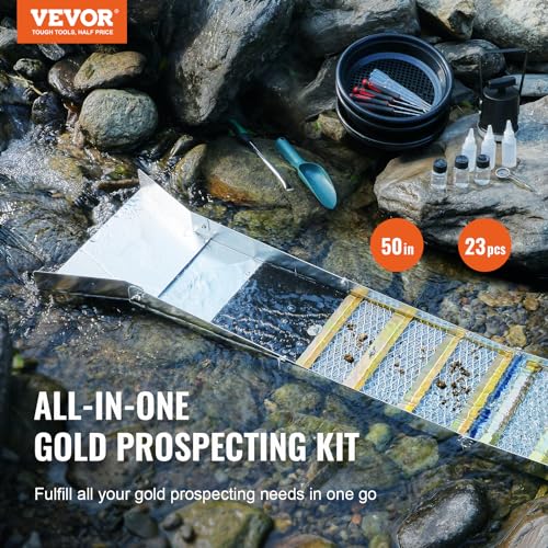 VEVOR Complete Sluice Box Gold Panning Kit, 50" Folding Aluminum Alloy Gold Mining Equipment, 23 PCS Gold Prospecting Kit with Gold Pan