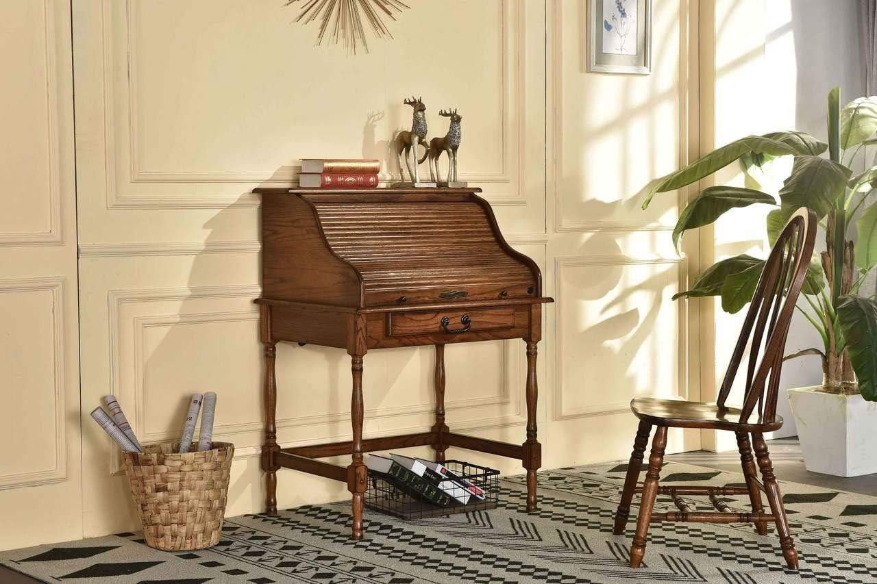 Mini Roll Top Desk Solid Oak Wood 32x 24x 44 Small Writing or Laptop Desk Burnished Walnut Finish Small Desk For Home Office, Kitchen, Bedroom