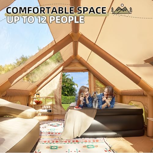 YOLENY Inflatable Tents for Camping, 4/6/8/10/12 Person Tent with TPU Skylight, Mesh Windows, Stove Jack & Pump, Easy Setup 4 Season Glamping Tent