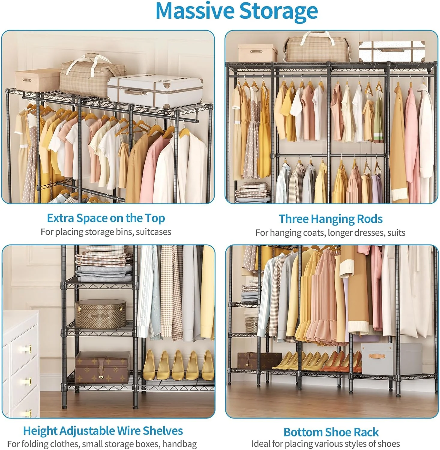 Wardrobe Rack,Freestanding Portable Closet Clothing Organizer,Corner Wardrobe Closet Storage,Wire Garment Rack Clothes Rack