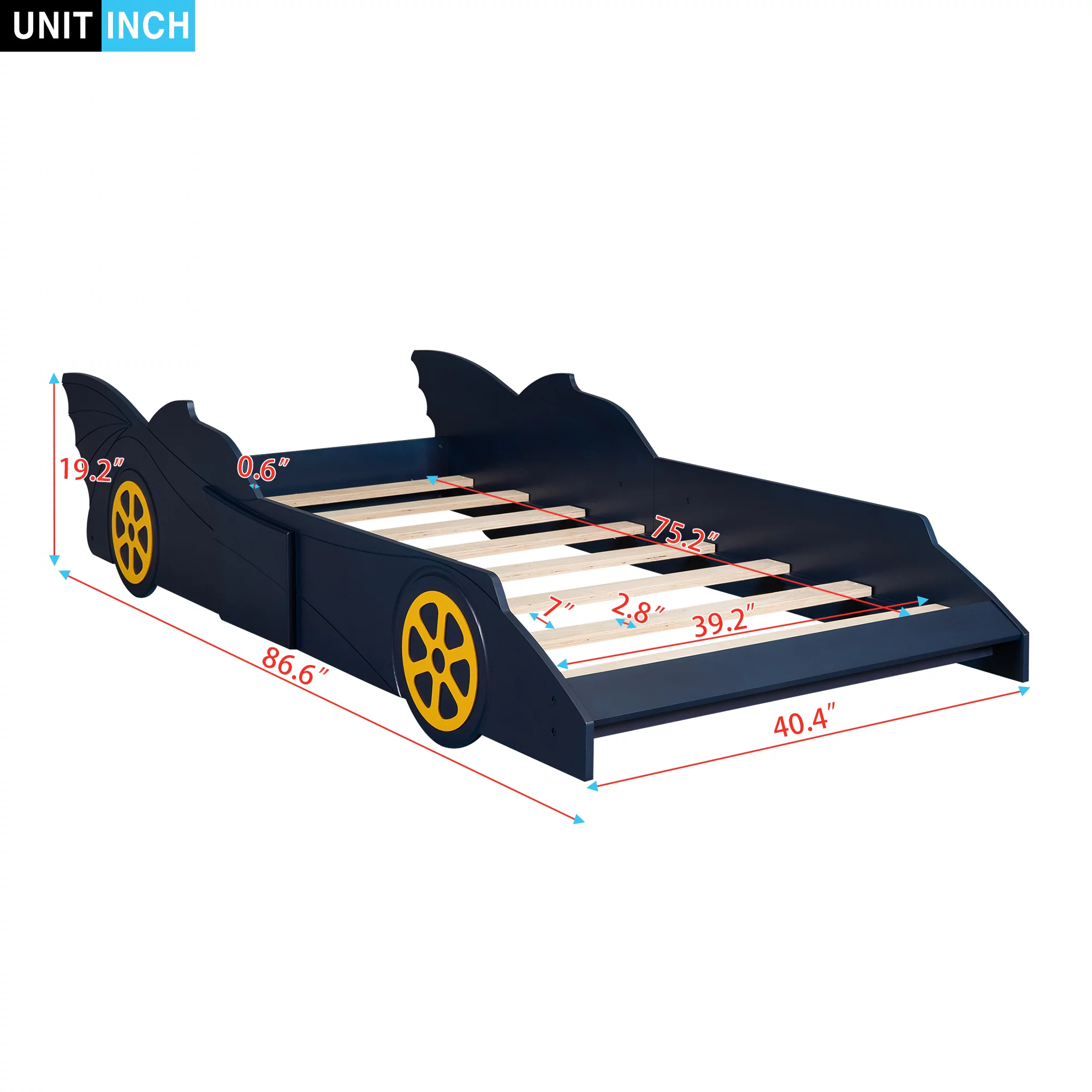 iRerts Race Car Shaped Twin Bed Frame, Wood Twin Platform Bed Frame for Kids Toddlers, Children Twin Size Platform Bed with Wheels, Wooden Slats