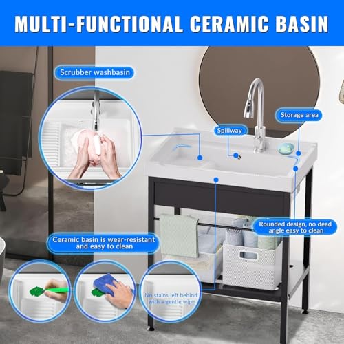 Stainless Steel Utility Sink, 36.6" × 24.2" × 36.6"Freestanding Sink with Cold and Hot Water Faucet,Hoses and Drain Kit for Kitchens, Bathrooms