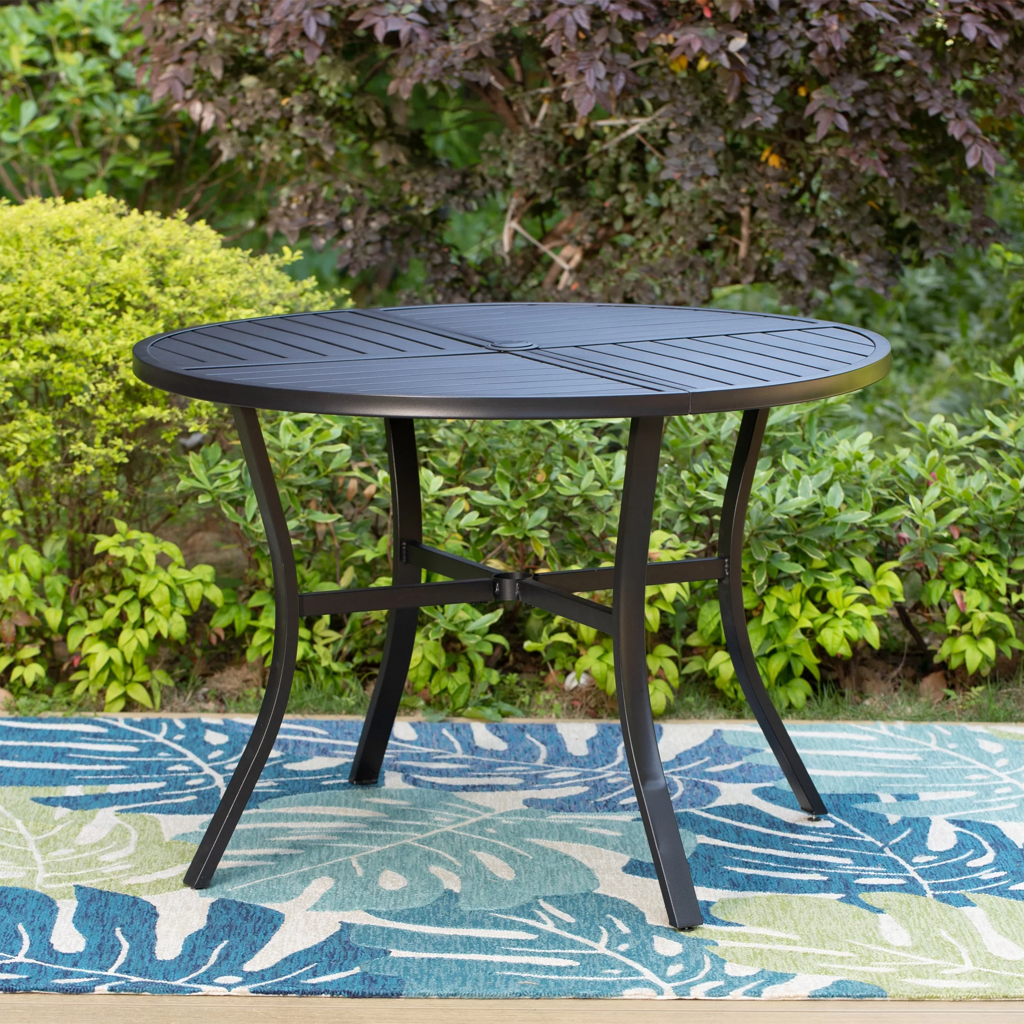 MF Studio 5-Piece Outdoor Patio Dining Set with High-Back Swivel Sling Chairs & Round Table for 4-Person, Padded Textilene Seat, Black & Blue