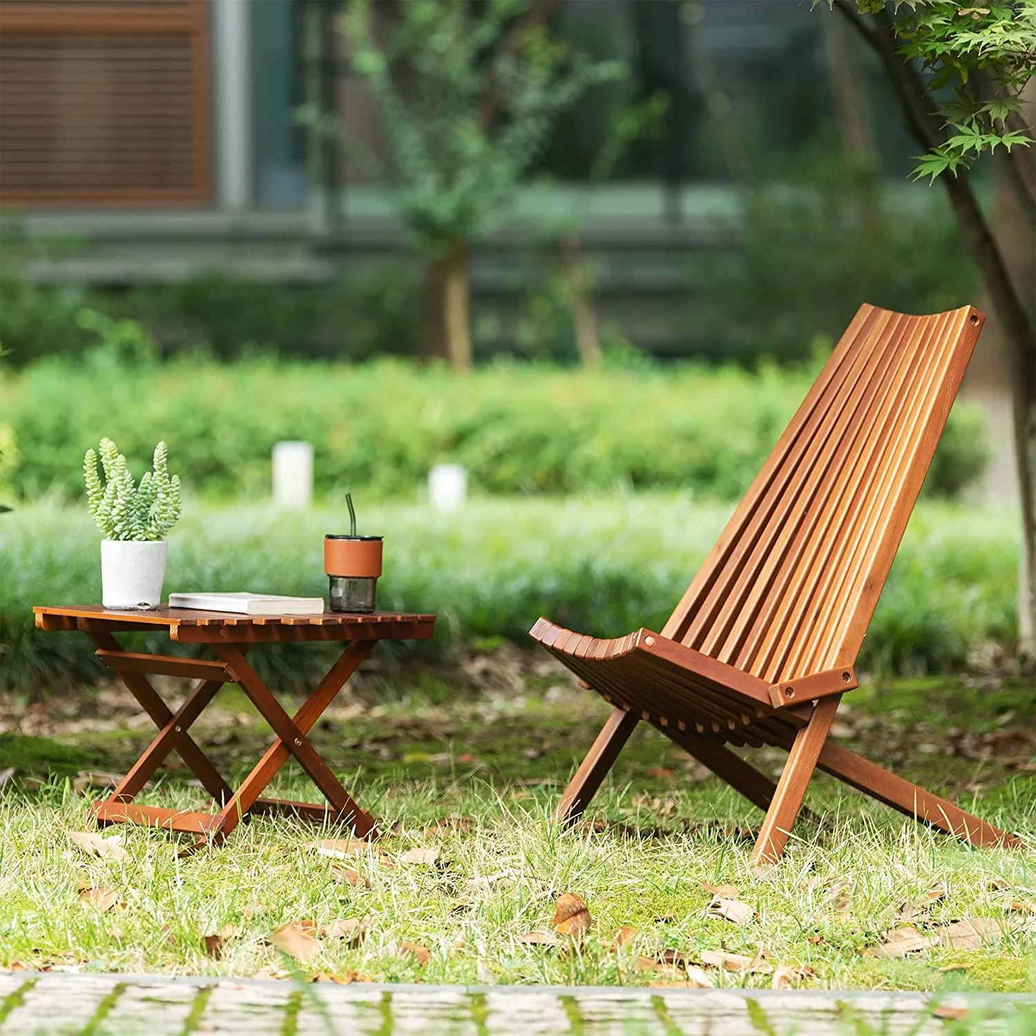 Patio Natural Lounge Chairs Outdoor Folding Wood Chair, Foldable Low Profile Acacia Wood Lounge Chair Perfect for Patio Garden Deck