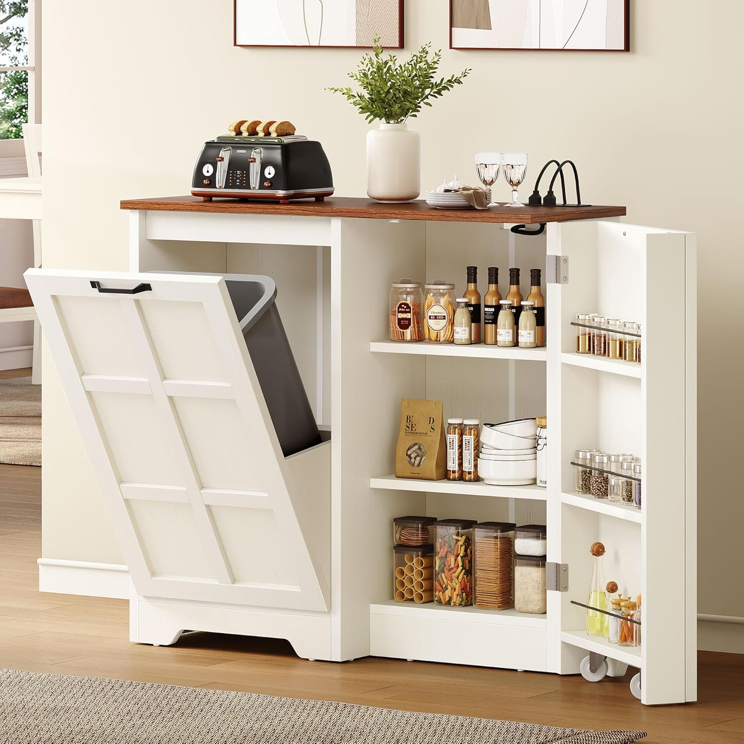 DWVO Tilt Out Trash Cabinet, 13 Gallon Cabinet Trash Can with Outlet/Adjustable Shelves, Hidden Pull Out Trash Bin Cabinet
