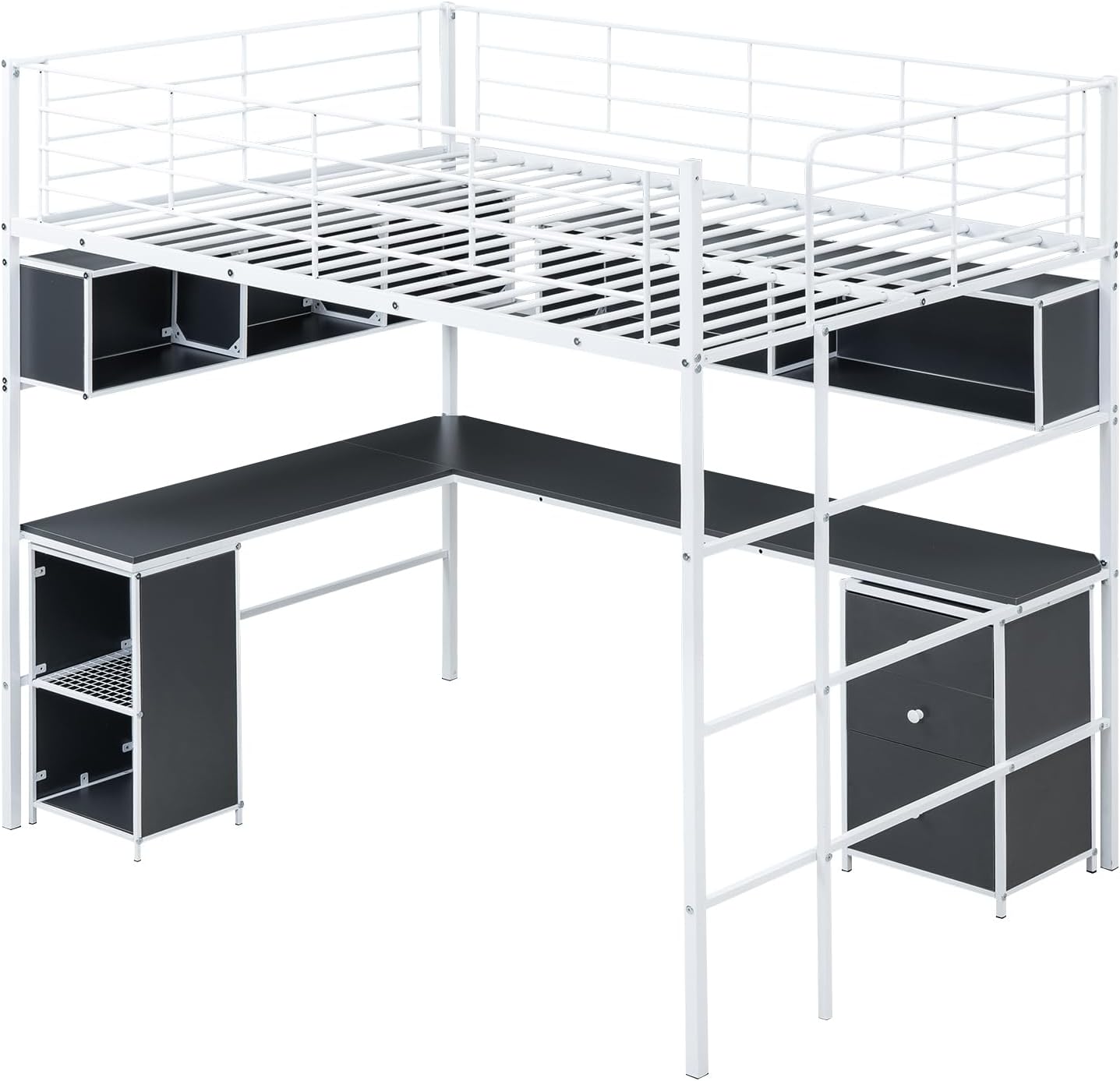 Metal Loft Bed with bookcase, desk and cabinet, Full, White