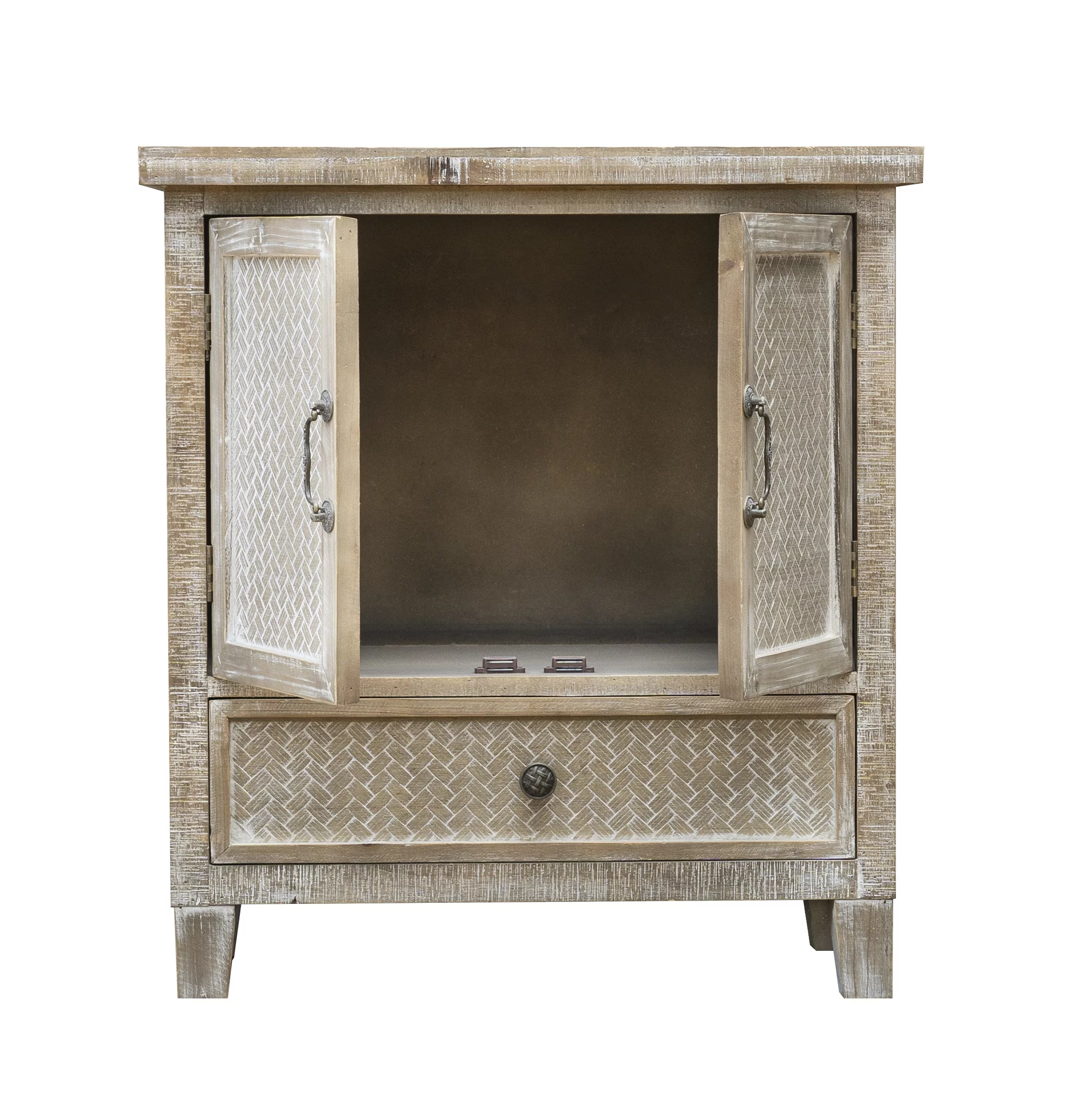 Parisloft Weathered Wood Cabinet with 1 Drawer and 2 Doors, Faux Bamboo Weaving Design, 28.125" H
