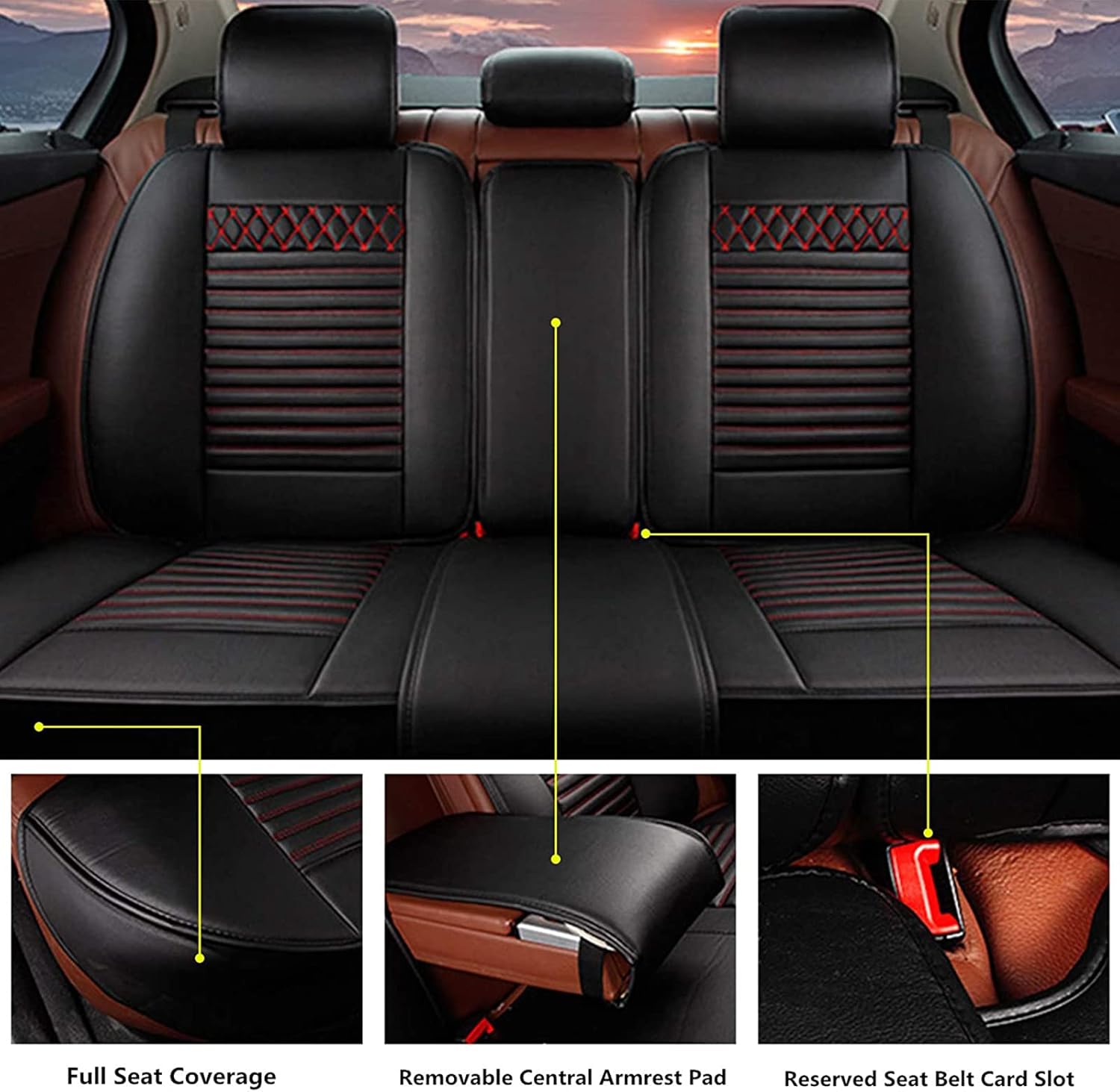 Car Seat Covers Front&Rear 5-Seats Protection,for Crown All Weather Wear-Resistant Full Set Black Red with Pillow