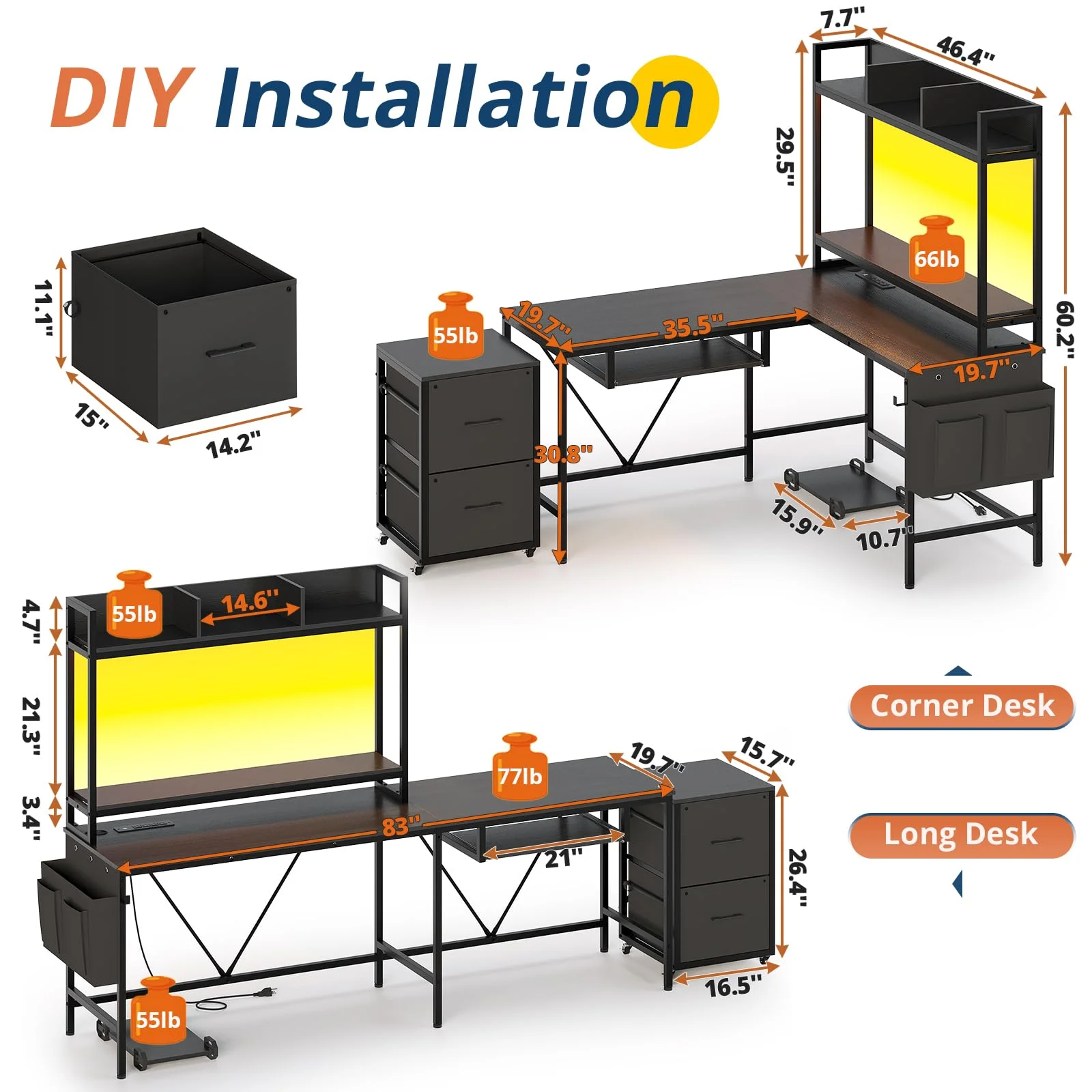 Black 55" Reversible Corner Computer Desk with Storage Shelf,L Shaped Gaming Desk with Power Outlet & Led Strip,Keyboard Tray and Headphone Hook