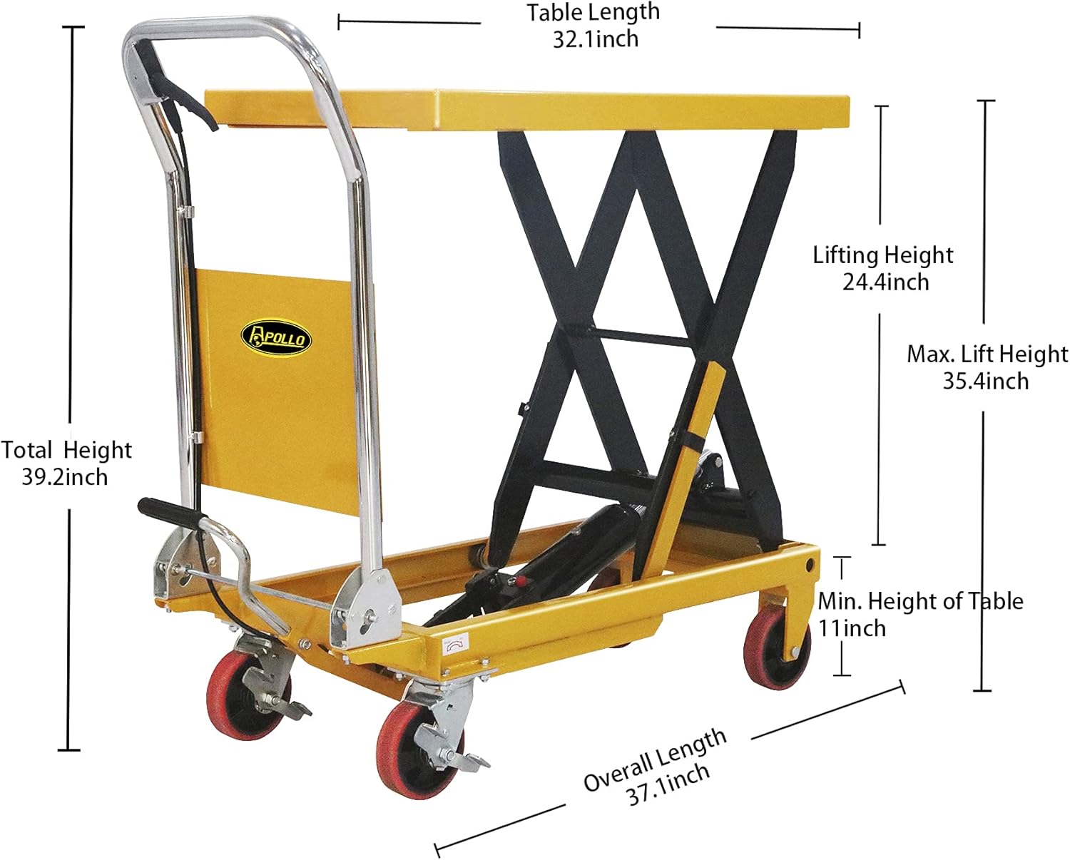 APOLLOLIFT Single Scissor Hydraulic Lift Table/Cart 660lbs Capacity 35.4 Lifting Height