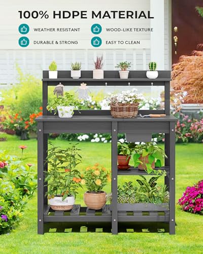 SERWALL Potting Bench Outdoor Potting Table with Sink, HDPE Potting Benches for Outside Gardening Table All Weather Use- Black