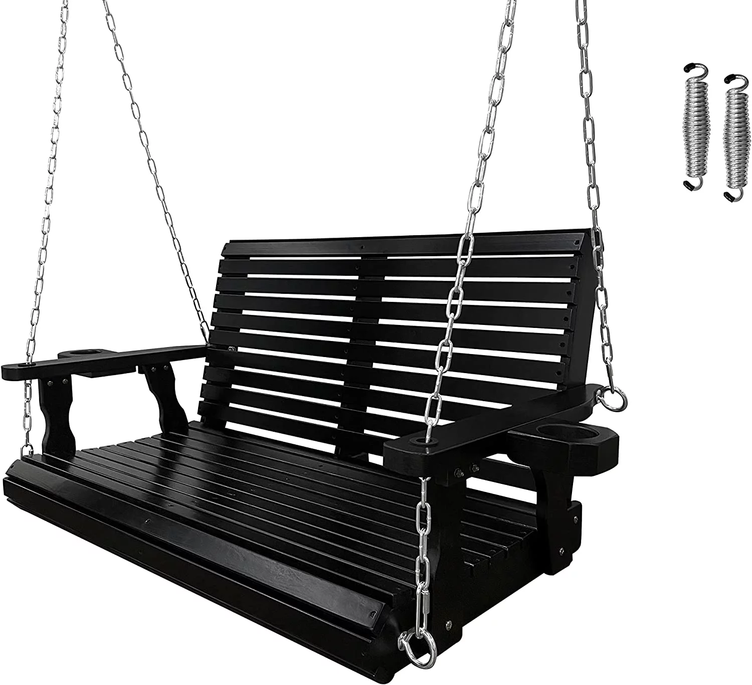 Wooden Porch Swing 2-Seater, Bench Swing with Cupholders for Outdoor Patio Garden Yard, 4 ft Black