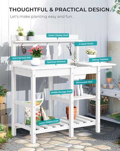 SERWALL Potting Bench Outdoor Potting Table with Sink, HDPE Potting Benches for Outside Gardening Table All Weather Use- Black
