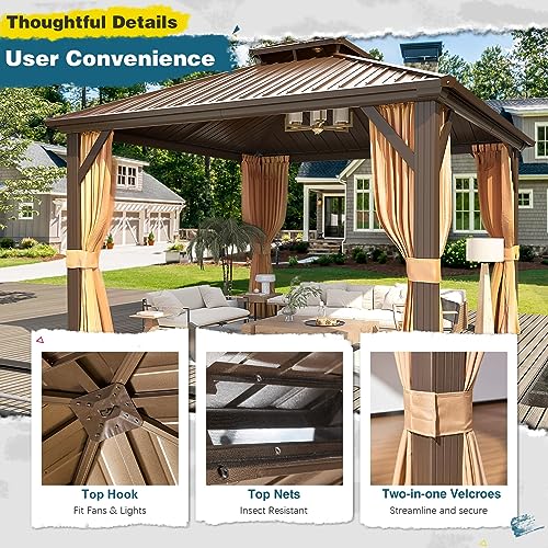 MELLCOM 10'x13' Hardtop Gazebo with Polycarbonate Double Roof, Aluminum Frame Outdoor Gazebo Permanent Pavilion with Curtains and Netting for Patio