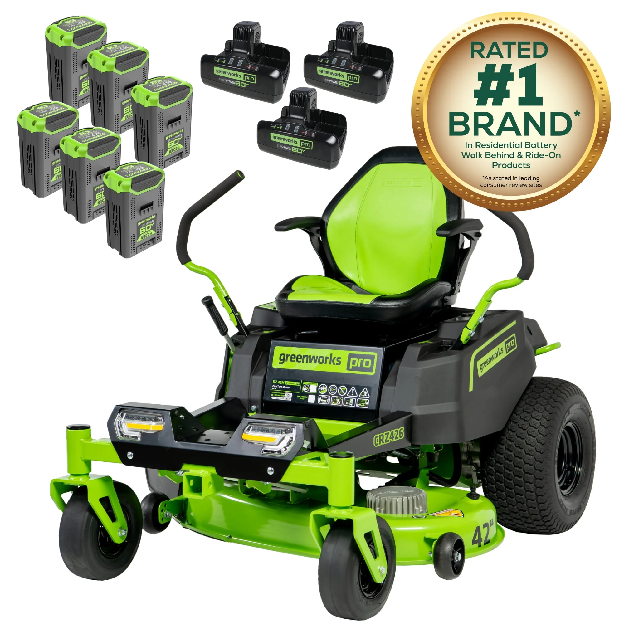 Greenworks 60V 42” Cordless Battery Crossover-Z Zero Turn Riding Lawn Mower + (6) 8Ah Batteries & (3) Dual Port Turbo Chargers 7409302