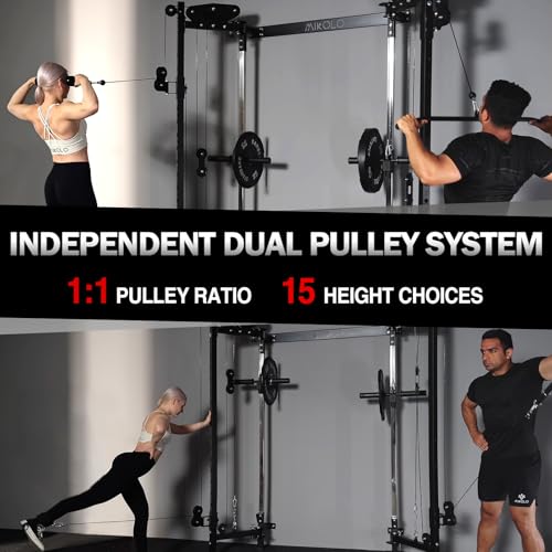 Mikolo Folding Squat Rack, Wall Mounted Power Rack with Cable Crossover Machine & LAT Pull Down, Functional Trainer with 5 Adjustable Function Modes