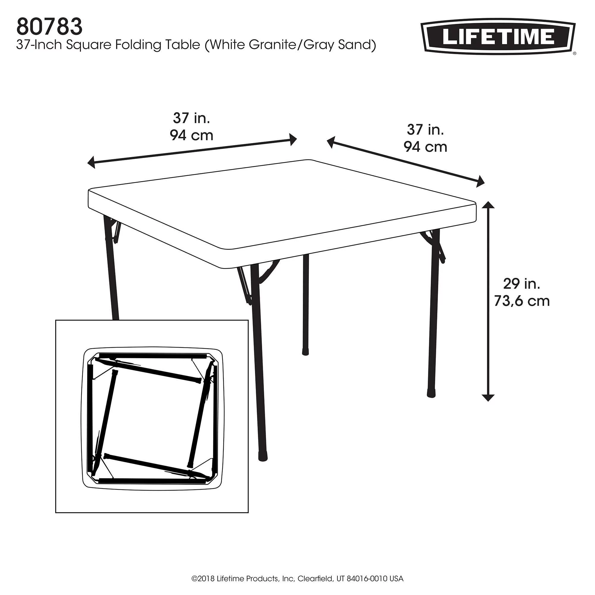 Lifetime 37 inch Square Folding Table, Indoor/Outdoor Commercial Grade, White Granite (80783)
