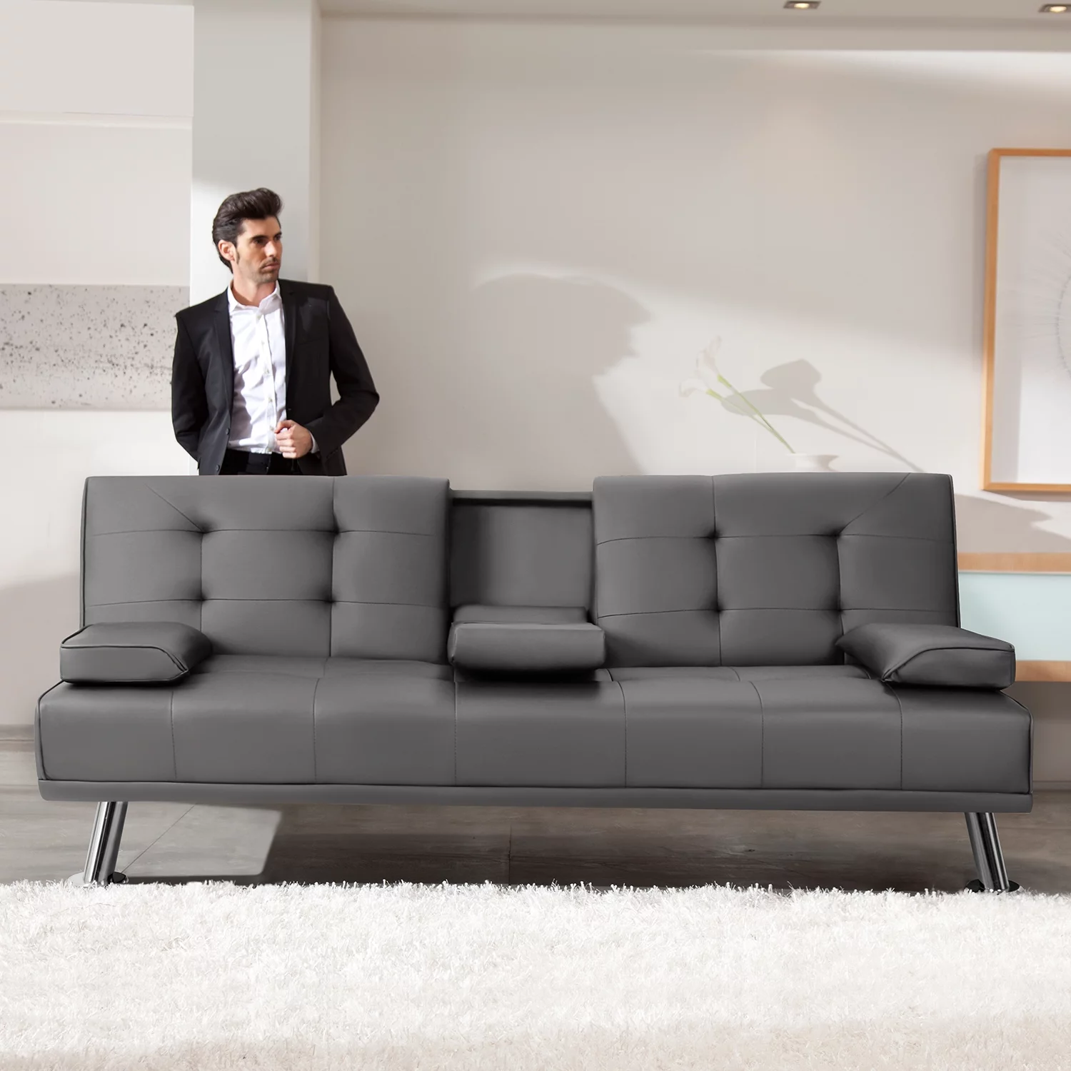 Vineego Modern Faux Leather Couch Convertible Folding Futon Sofa Bed with 2 Cup Holders, Gray