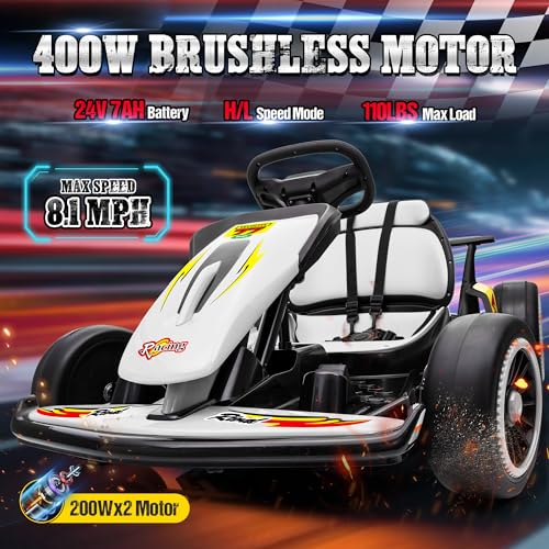 24V Electric Go Kart for Kids, Crazy Drift Cart with 400W Motors, EVA Tires, Max Speed 8.1 MPH, Music, Wireless