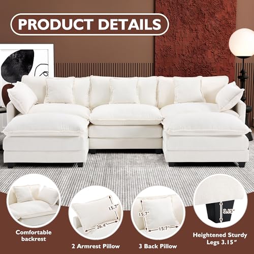 Ihanherry 111.4" U Shaped Modern Cloud Sofa Modular Sectional Couch with 2 Ottoman, 5-Seat Chenille Deep Seat Sofa with Pillow for Living Room