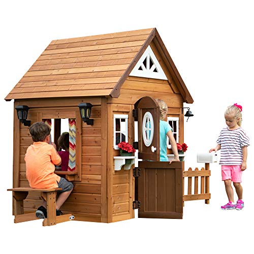 Backyard Discovery Aspen Cedar Wooden Kids Playhouse Cottage with Play Kitchen, Snack Bar, Picnic Bench, Dinner Bell, Mailbox, Dutch Door
