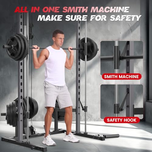 Smith Machine with LAT-Pull Down, Multi-Functional Smith Machine, Power Cage with Cable Crossover, Squat Rack with Landmine, Barbell Bar