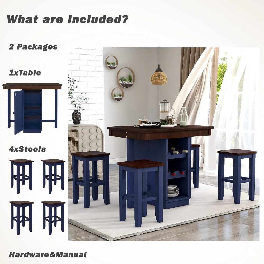 Farmhouse 5-Piece Counter Height Dining Sets, 4 Stools, Square Wood Table with 3-Tier Adjustable Storage Shelves and Wine Racks for Small Spaces