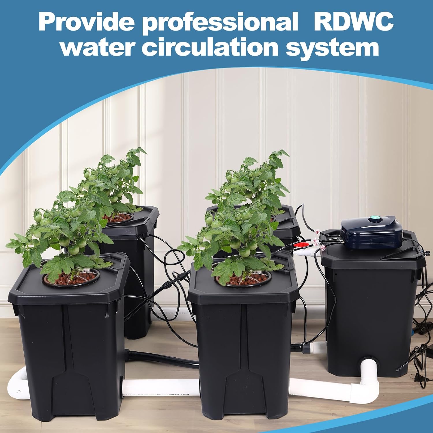 RDWC Hydroponics Grow System 4 Site + Reservoir, 7-Gallon Top Drip Recirculating Deep Water Culture Hydroponic Bucket System
