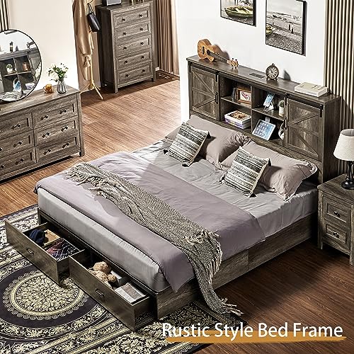 VanAcc Full Size Bed Frame, Wooden Platform Storage Bed with 51.2" Bookcase Headboard, 2 Drawers