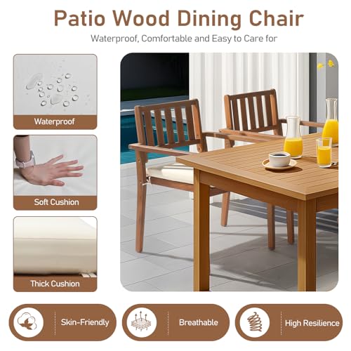 Outvita Stackable Patio Dining Chairs Set of 4, Durable Acacia Wood Outdoor Chairs with Removeable Cushions and Comfortable Armrests for Porch