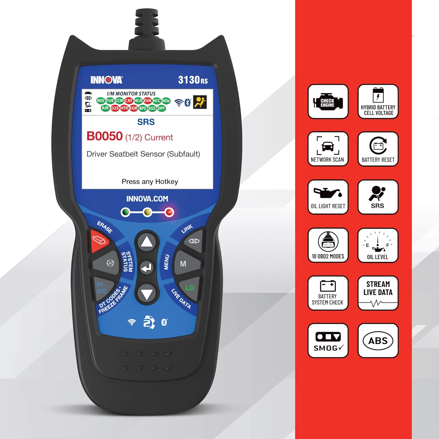 Innova 3130RS OBD2 Scanner/Car Code Reader with ABS, SRS, Live Data, Service Light Reset, and Network Scan