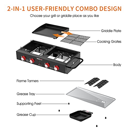 Royal Gourmet GD4002T 4-Burner Tailgater Grill and Griddle Combo, Portable Flat Top Propane Gas Grill with 40
