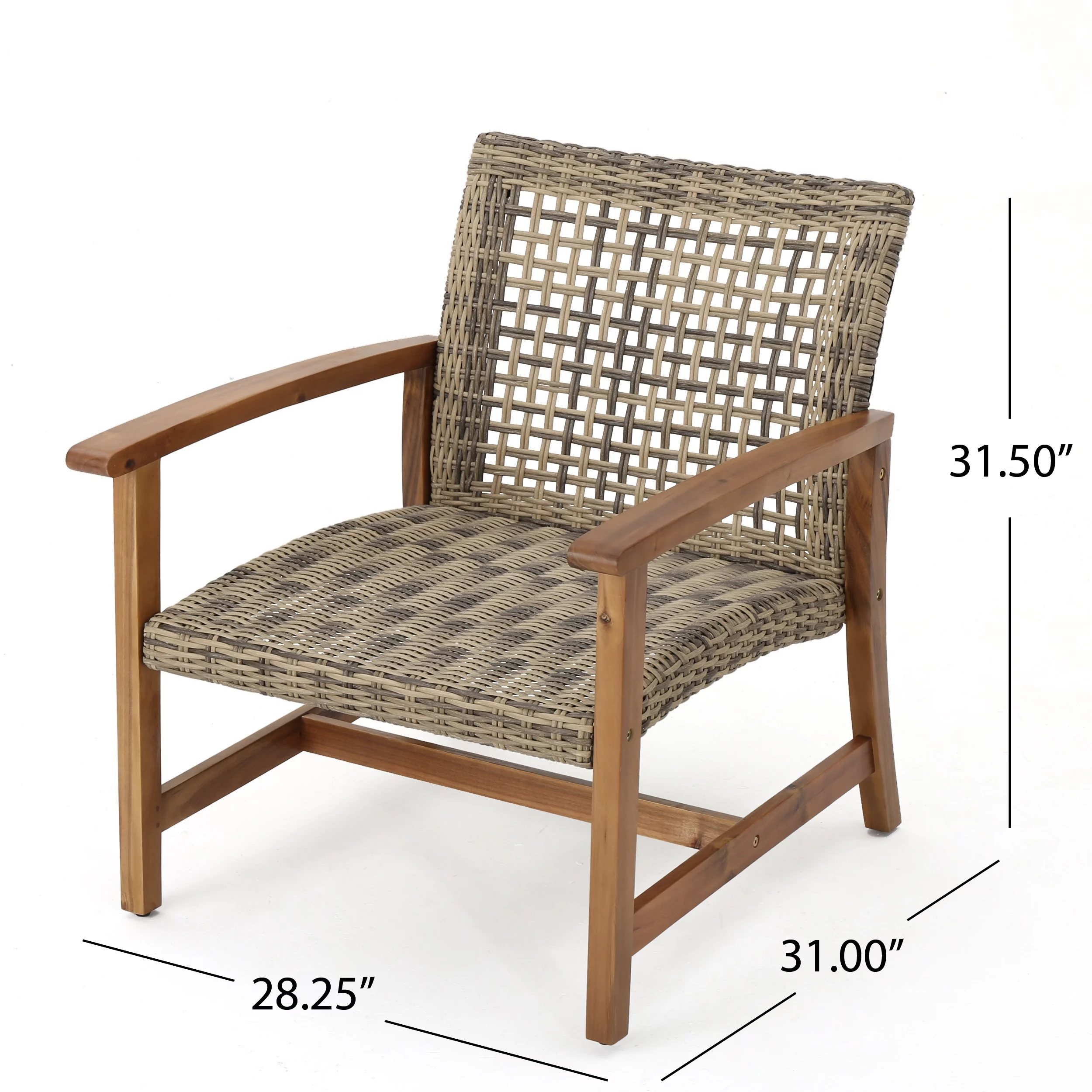 Outdoor Mid Century Wicker Club Chairs with Natural Stained Acacia Wood Frame, Grey