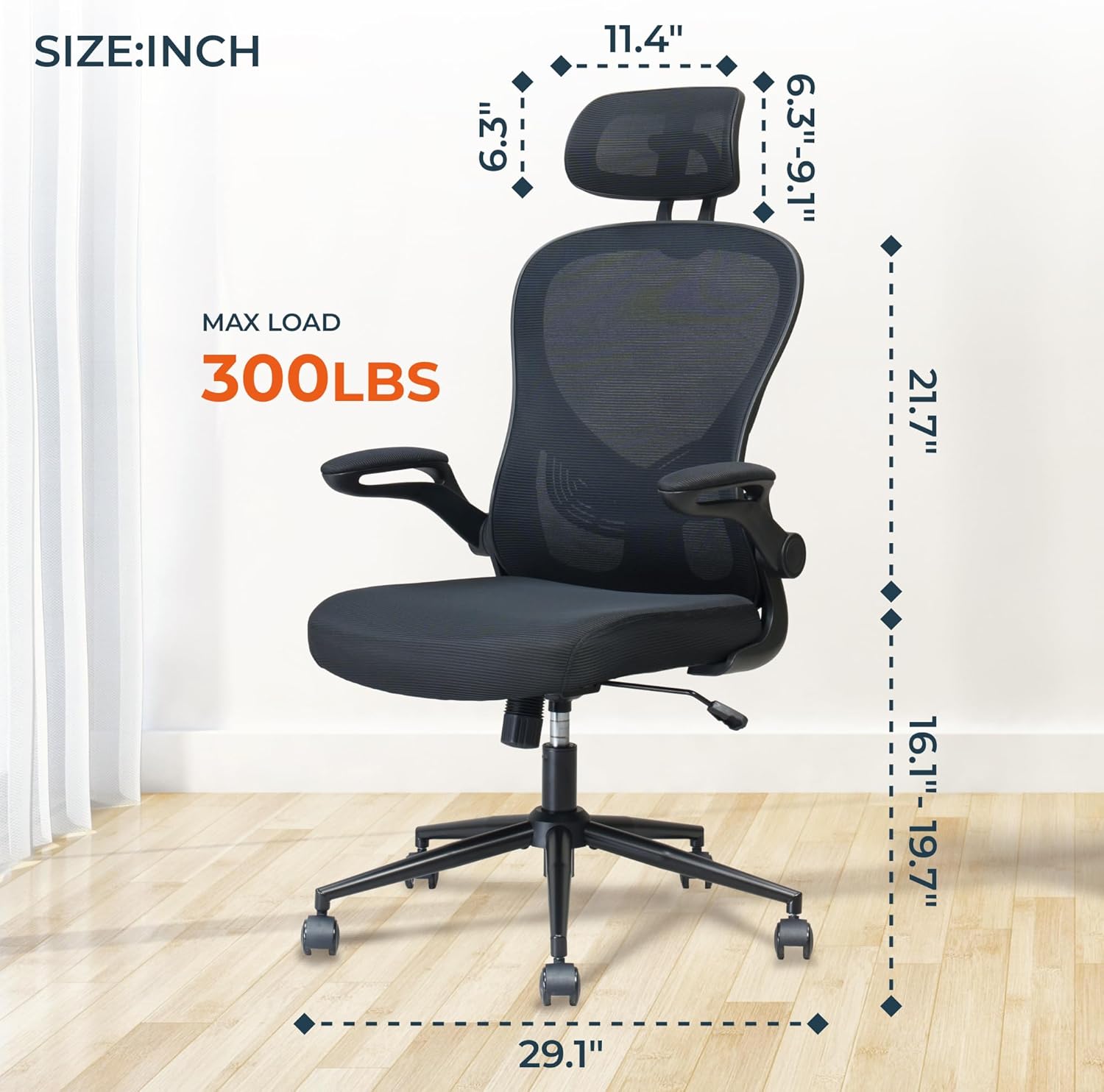 Ergonomic Office Chair, High Back Office Desk Chair with S-Shaped Backrest, Adjustable Lumbar Support, Headrest, Flip-up Armrest