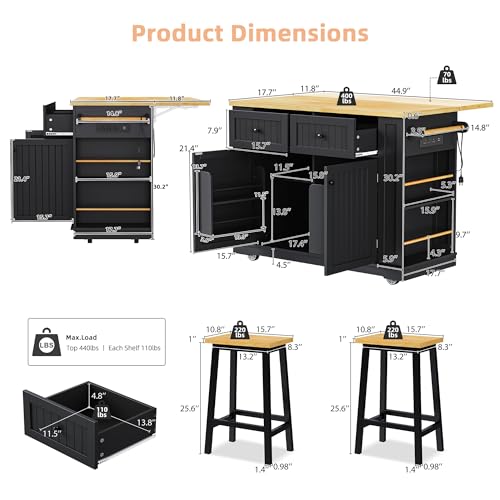 Kitchen Island with Drop Leaf & Power Outlet, Rolling Kitchen Islands Cart with 5 Open Storage Shelves & Towel Rack