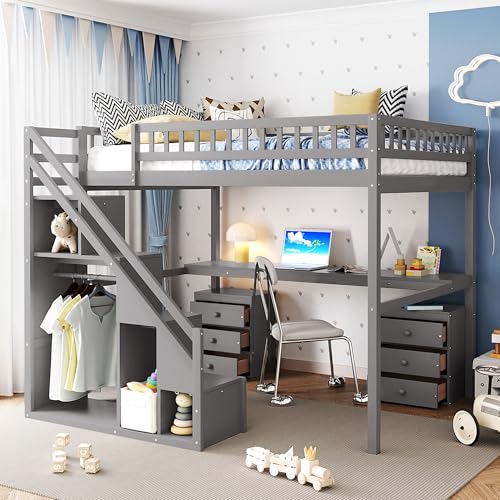 Modern Full Size Gaming Loft Bed with Built-in Desk and Storage Wardrobe, Wood Loft Bed Frame with Light Strip and 2 Drawers