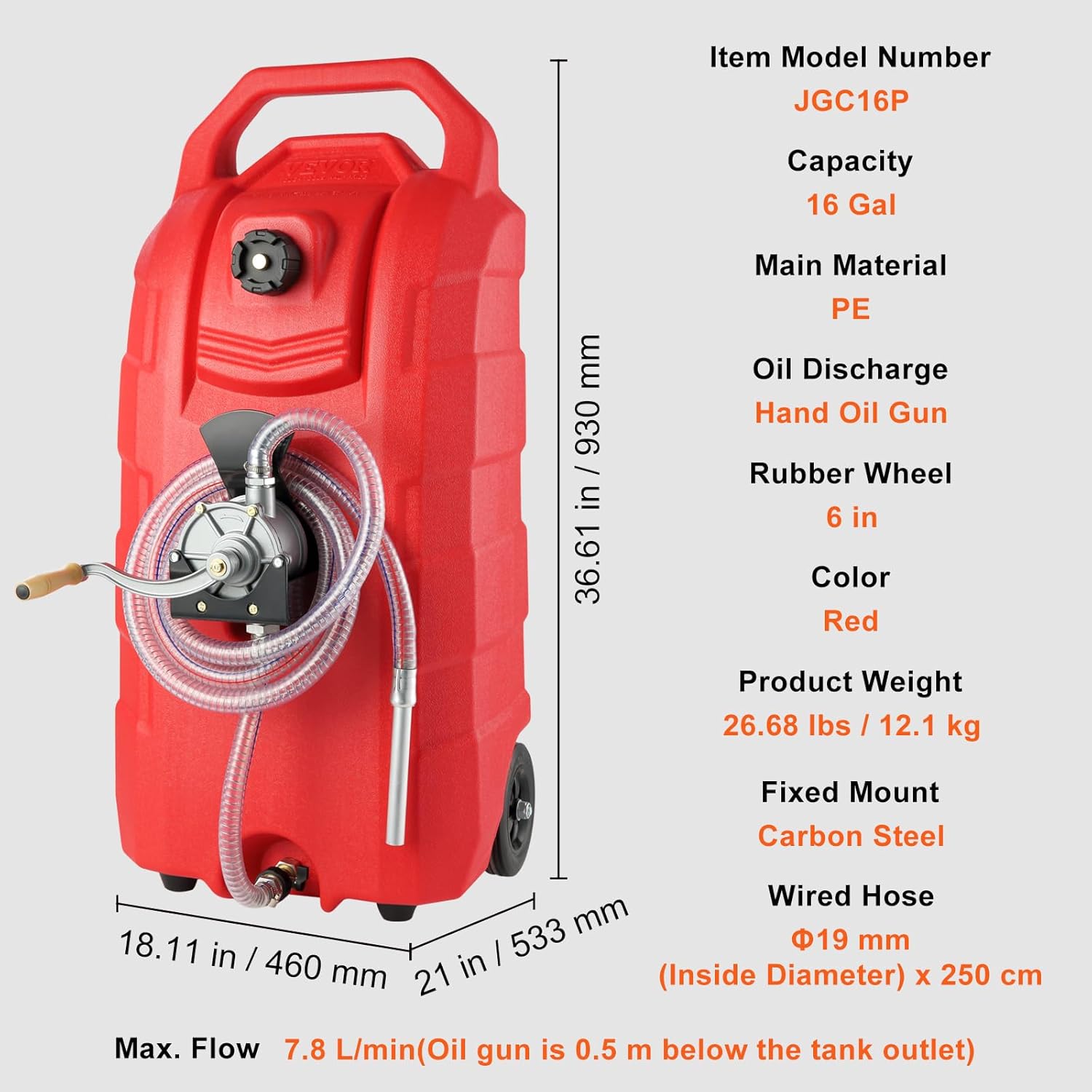 VEVOR 16 Gallon Fuel Caddy, 7.8 L/min, Portable Gas Storage Tank Container with Hand Pump Rubber Wheels
