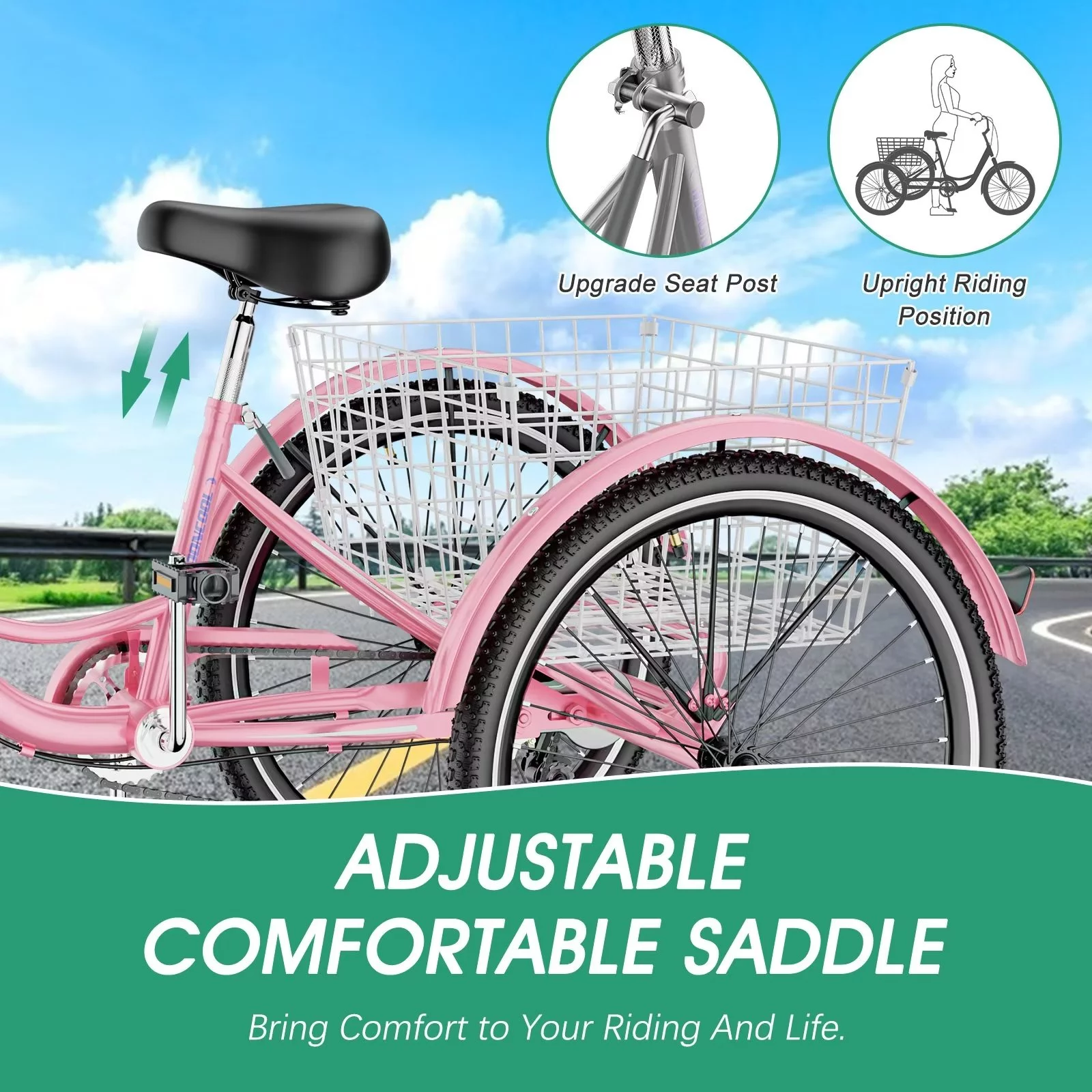 MOPHOTO 7 Speed Adult Tricycle 26 in/24in/20in, Trikes for Adults, Adult Tricycle with Basket & Dual Braking System, Adult Trikes for Women, Men