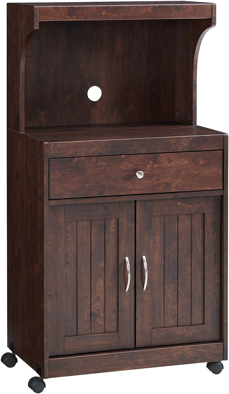 Home Source White Microwave Cart with Double Door Cabinet, 1 Drawer, and Top Shelf