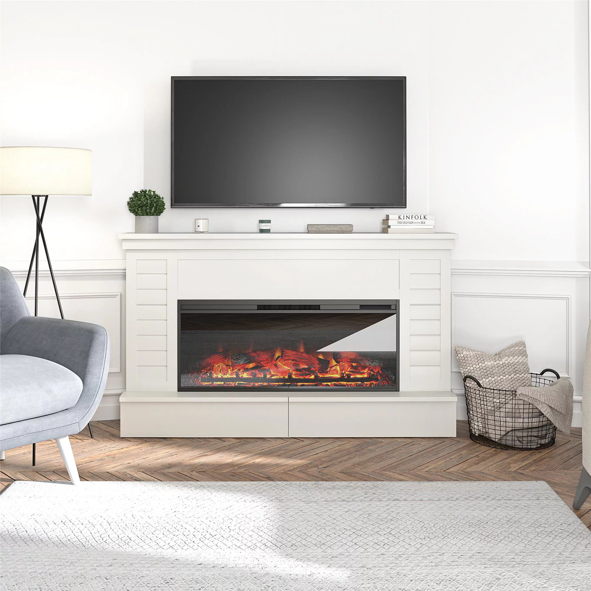 Ameriwood Home Heritage Place Wide Shiplap Mantel with Linear Electric Fireplace and Storage Drawers, White