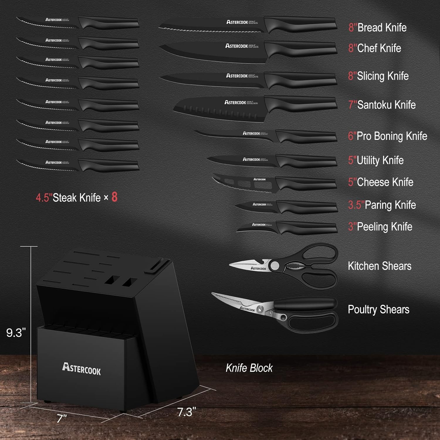 Knife Set, Astercook 21 Pieces Knife Sets for Kitchen with Block, Dishwasher Safe Kitchen Knife Set with Built-in Sharpener