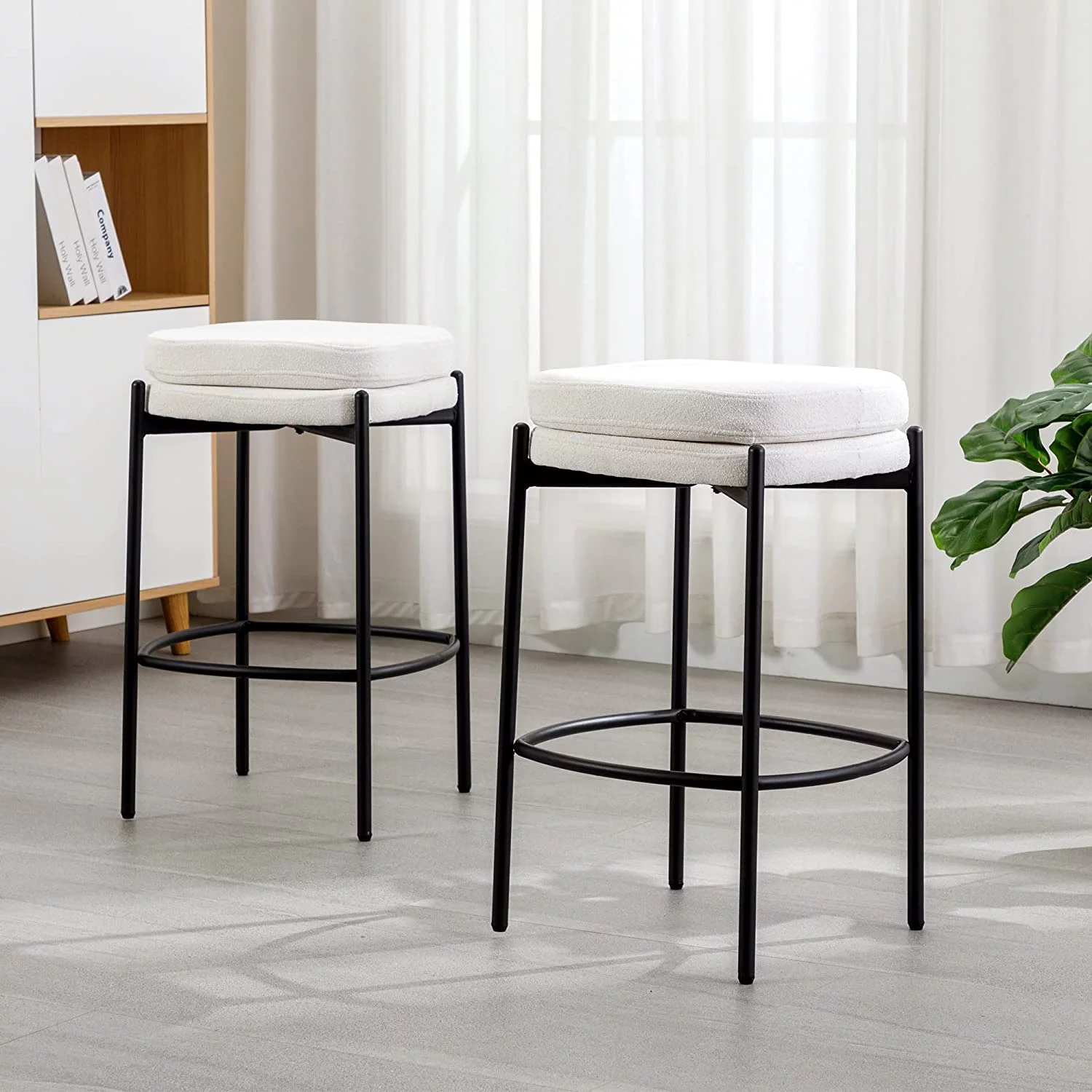Duhome Boucle Fabric Bar Stools Set of 2 Modern Barstools Counter Stools 26" Stools for Kitchen Island Backless Bar Chairs, Cream White