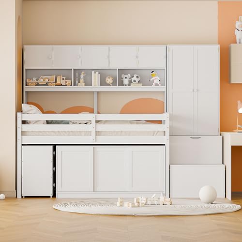 Harper & Bright Designs Full Size Loft Bed with Wardrobe, Wooden Full Loft Bed Frame Big Storage with Under-Bed Desk, Drawers and Shelves, Gray