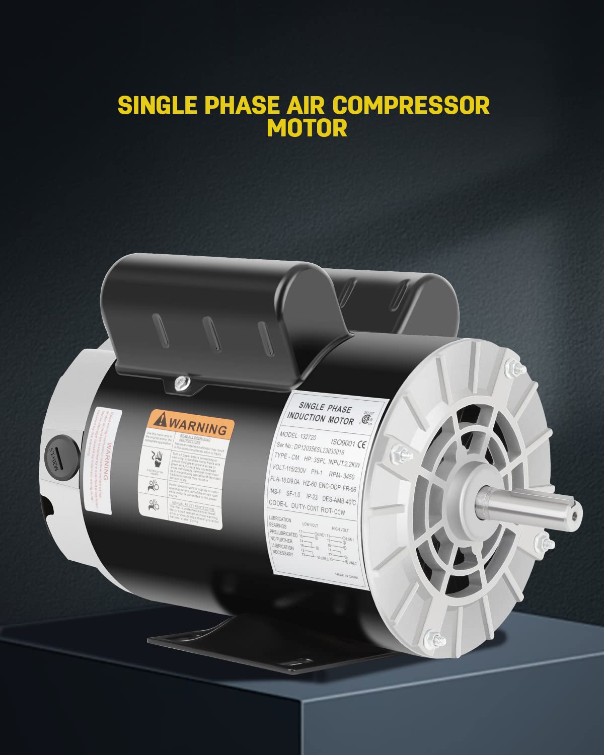 3 HP SPL Air Compressor Motor, 3450 RPM Electric Motor, 115/230V, 18/9A Single Phase, 56 Frame 5/8" Keyed Shaft, Commercial-Duty CCW Rotation