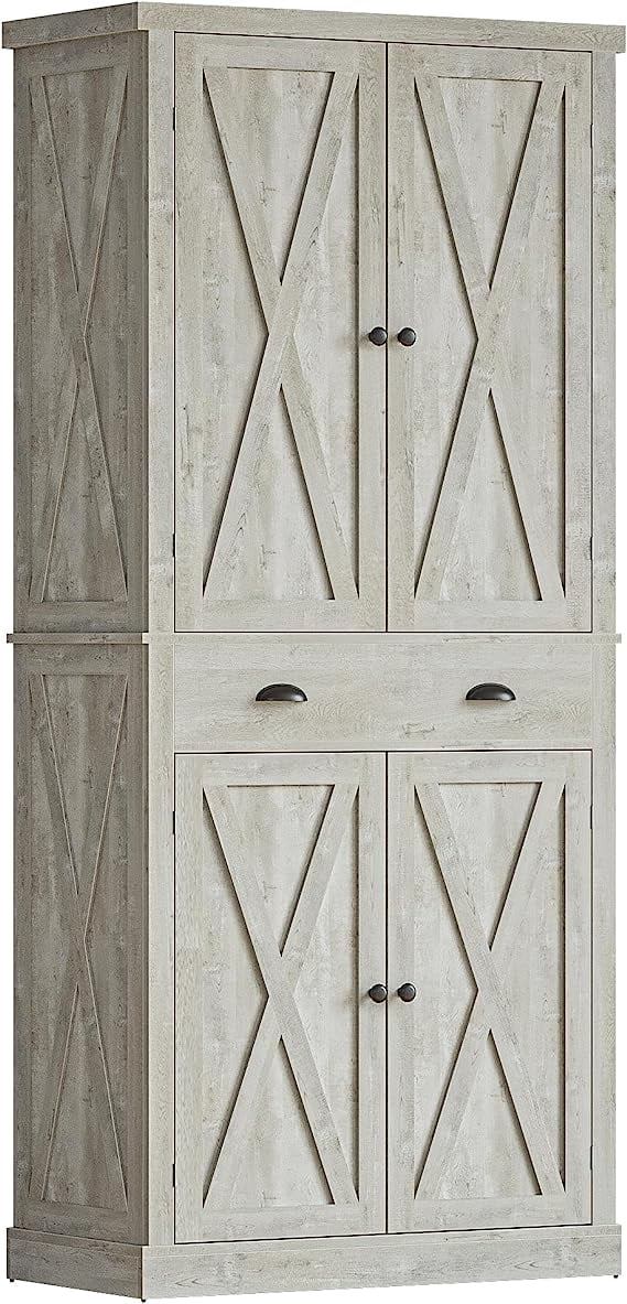IRONCK Kitchen Pantry 72" Height,Storage Cabinet with Drawer, 4 Adjustable Shelves, Barn Doors, Freestanding Cupboard Rustic Maple